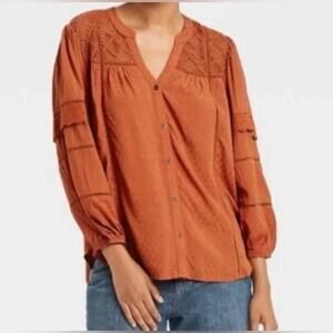 KNOX ROSE Orange Button Up Blouse w Lace Size Medium